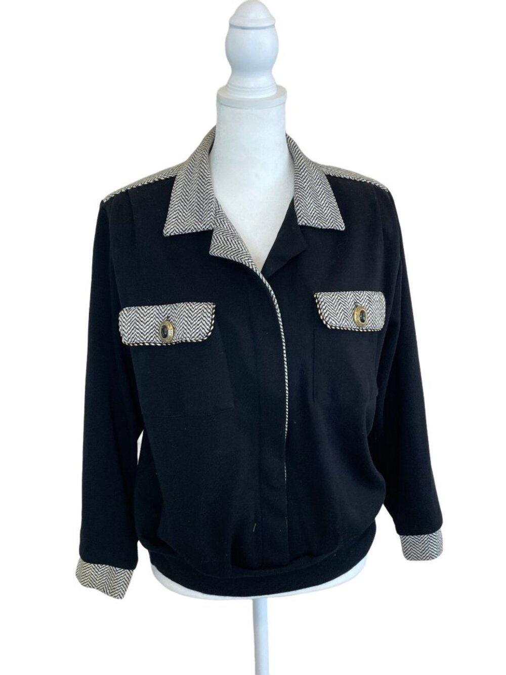 Vintage Black Herringbone Blazer Jacket Button-Up Pockets 3/4 Sleeves Amy Jess